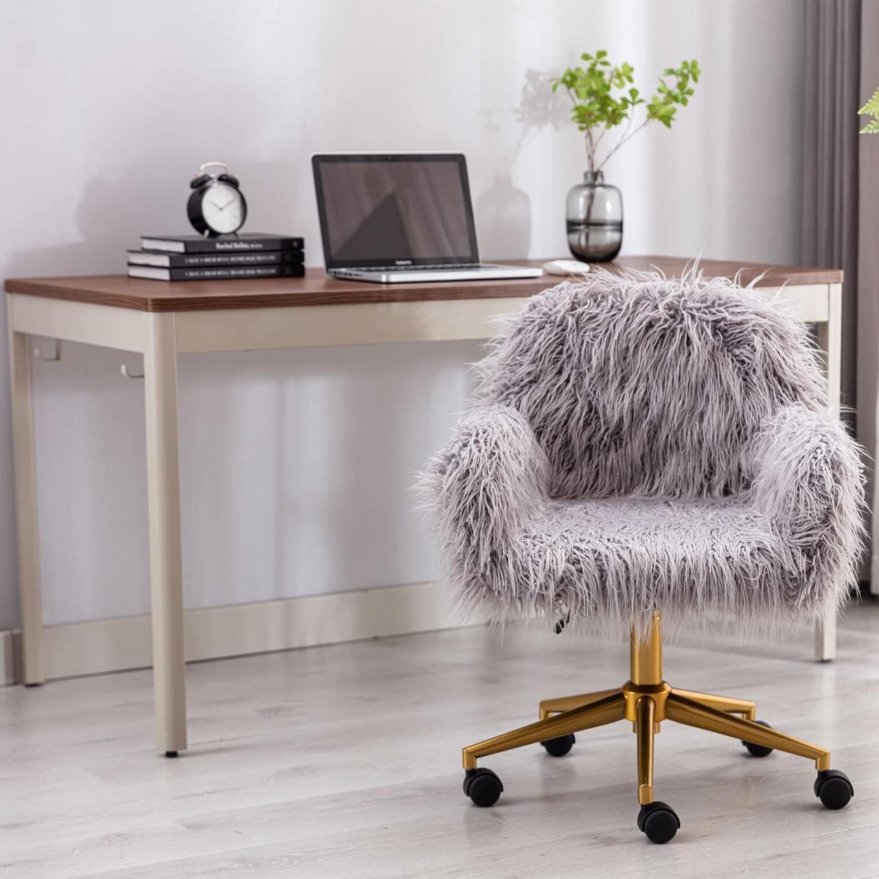 Alt view image 7 of 7 - Grey Faux Fur Desk Chair, Cute Upholstered Padded Seat, Vanity Accent Modern Height Adjustable Swivel Office Chair for Living Room Makeup Home Office Bedroom (Grey)
