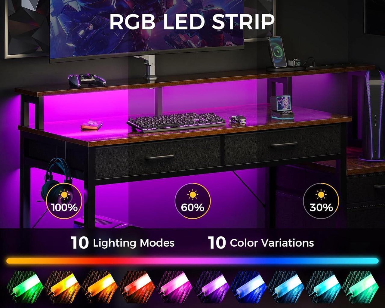 Alt view image 6 of 7 - AODK 48-Inch Computer Desk with Fabric File Cabinet and Fabric Drawers, Reversible Office Desk with LED Strip and Power Strip, Gaming Desk with Monitor Riser, Writing/Study Table for Home, Vintage