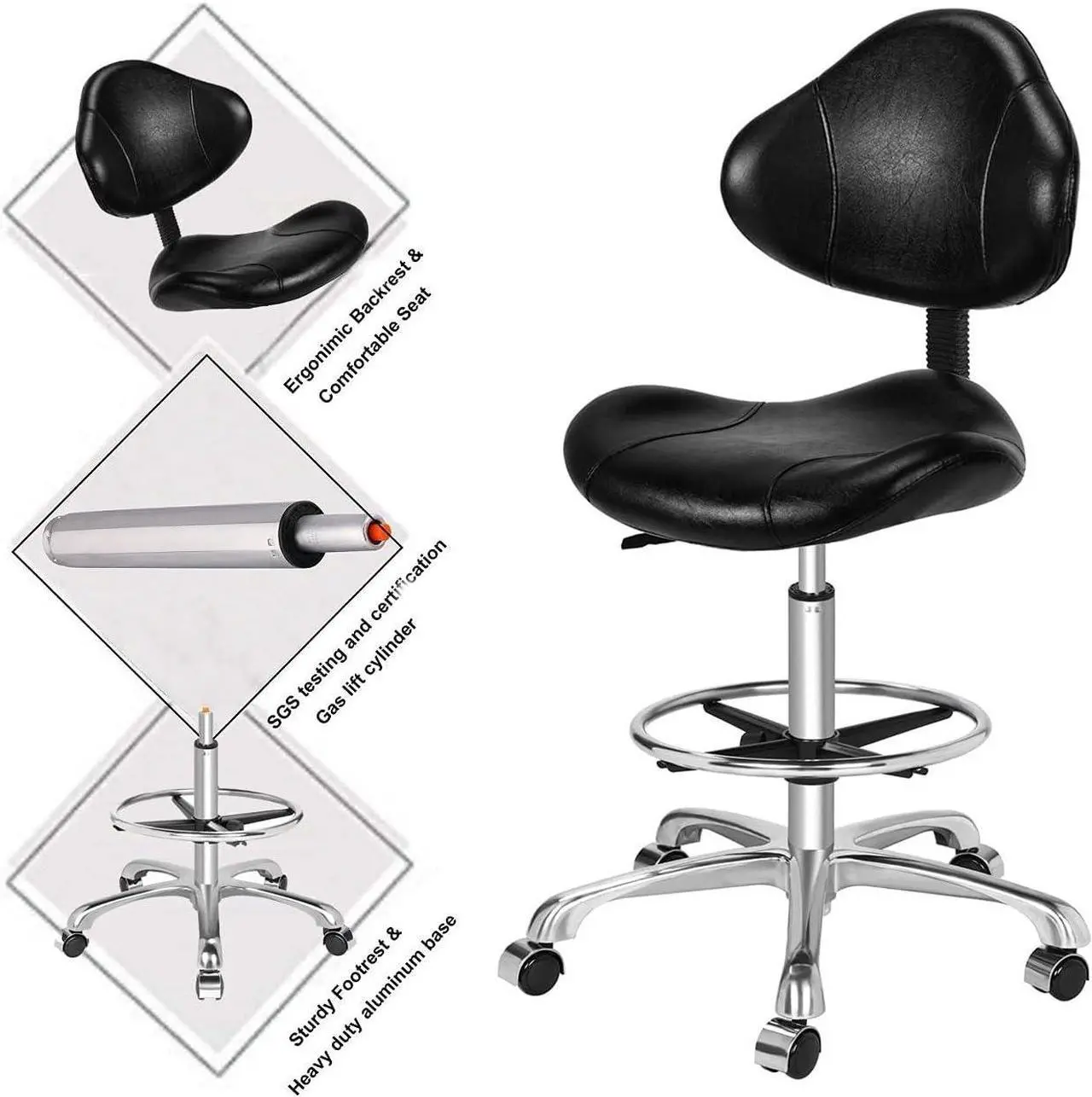 Alt view image 4 of 7 - Kaleurrier Ergonomic Drafting Chair with Back Support,Multi-Functional Height Adjustable Swivel Rolling Stool,Multi-Purpose Home Office Desk Chair (Black)