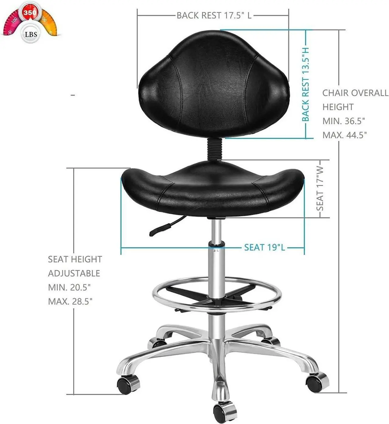 Alt view image 2 of 7 - Kaleurrier Ergonomic Drafting Chair with Back Support,Multi-Functional Height Adjustable Swivel Rolling Stool,Multi-Purpose Home Office Desk Chair (Black)