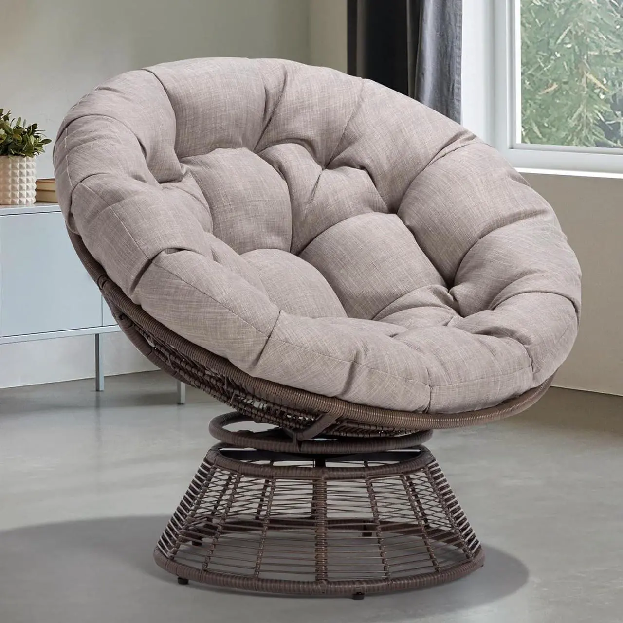 Main image of Bme 40" Ergonomic Wicker Papasan Chair with Soft Thick Density Fabric Cushion, Bee-Designed Base, High Capacity Steel Frame, 360 Degree Swivel for Living, Bedroom, Reading Room,...