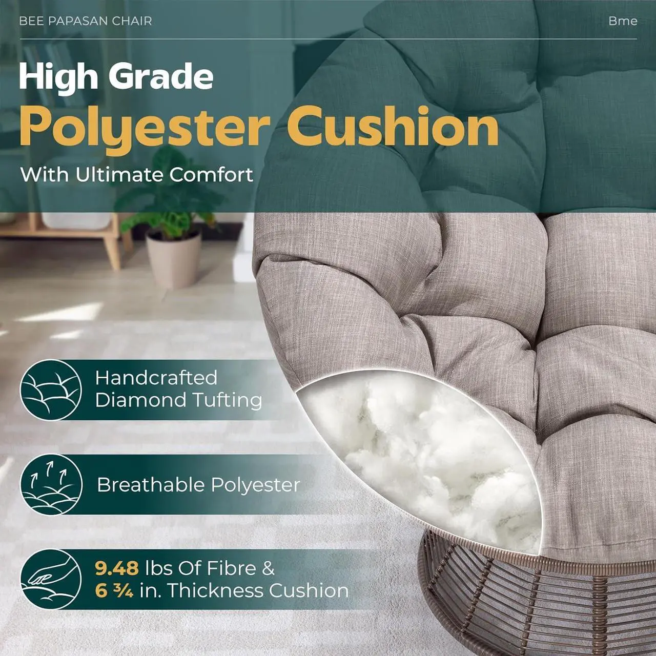 Alt view image 2 of 6 - Bme 40" Ergonomic Wicker Papasan Chair with Soft Thick Density Fabric Cushion, Bee-Designed Base, High Capacity Steel Frame, 360 Degree Swivel for Living, Bedroom, Reading Room,...