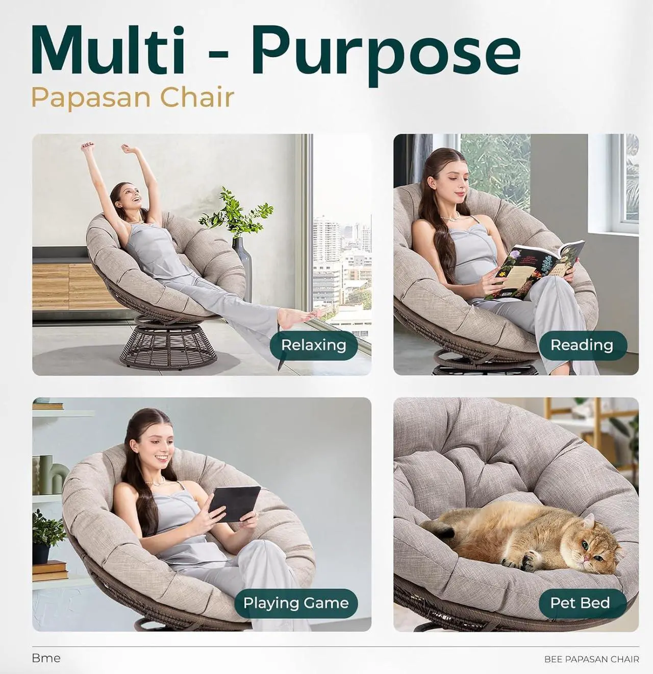Alt view image 5 of 6 - Bme 40" Ergonomic Wicker Papasan Chair with Soft Thick Density Fabric Cushion, Bee-Designed Base, High Capacity Steel Frame, 360 Degree Swivel for Living, Bedroom, Reading Room,...