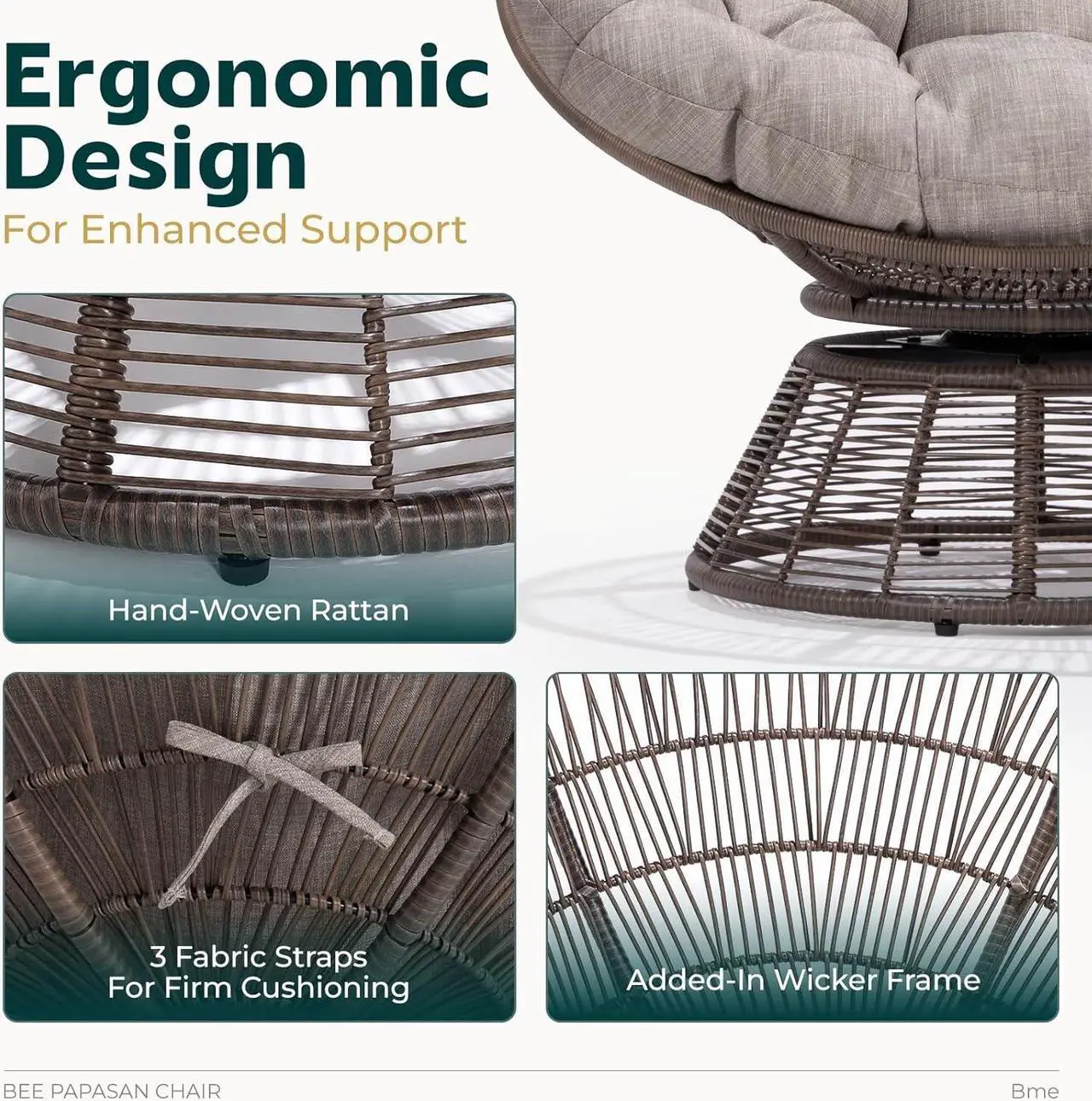 Alt view image 4 of 6 - Bme 40" Ergonomic Wicker Papasan Chair with Soft Thick Density Fabric Cushion, Bee-Designed Base, High Capacity Steel Frame, 360 Degree Swivel for Living, Bedroom, Reading Room,...