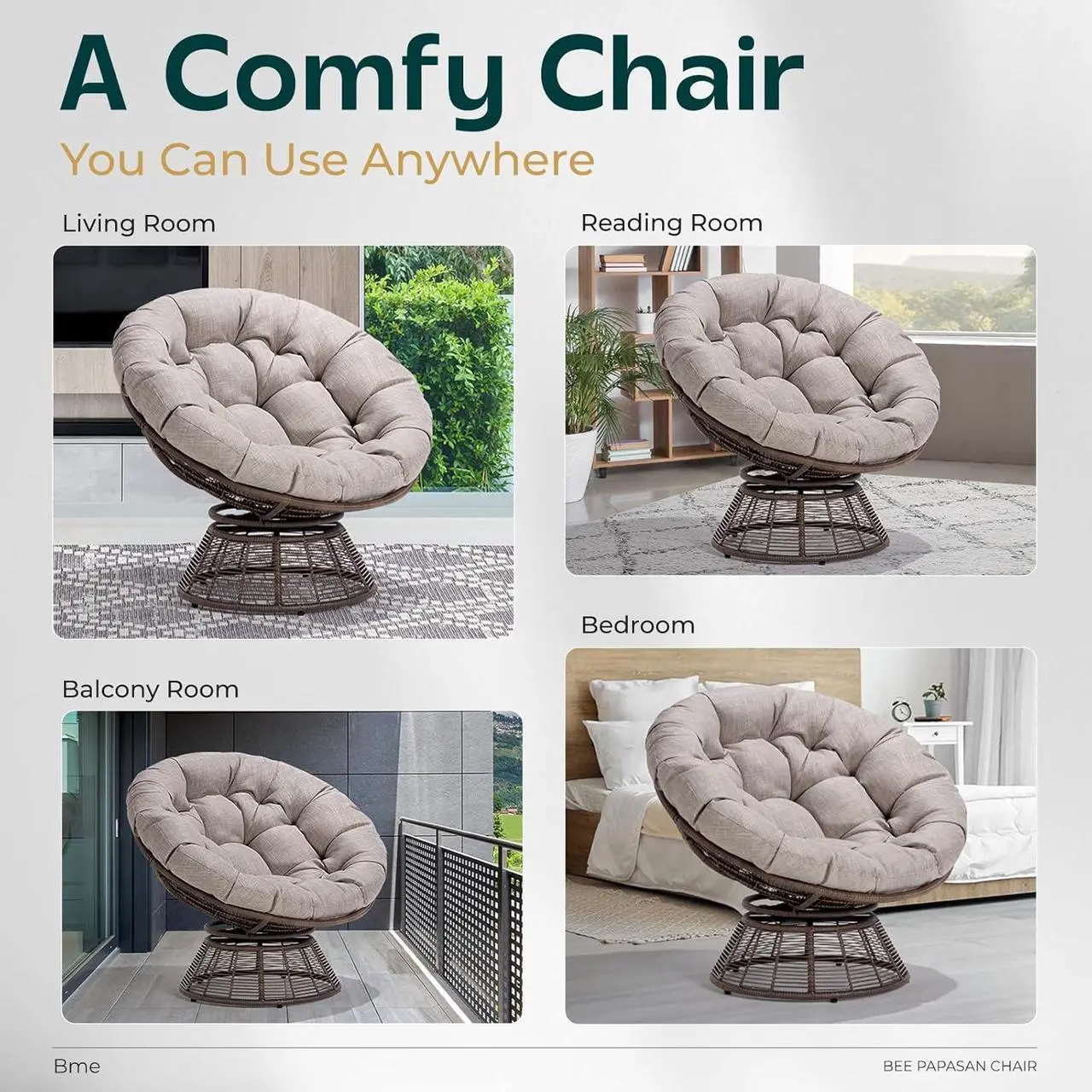 Alt view image 6 of 6 - Bme 40" Ergonomic Wicker Papasan Chair with Soft Thick Density Fabric Cushion, Bee-Designed Base, High Capacity Steel Frame, 360 Degree Swivel for Living, Bedroom, Reading Room,...