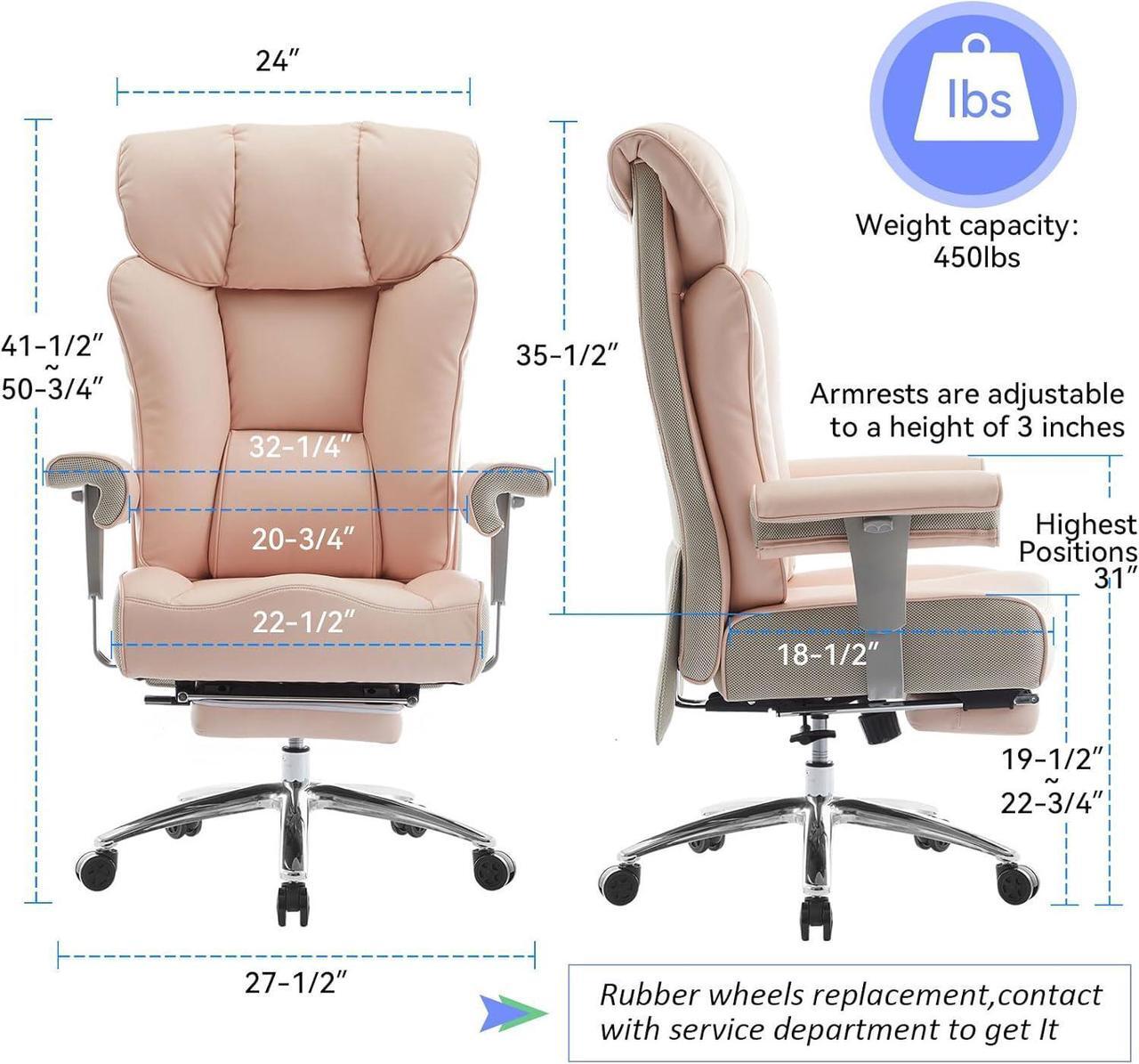 Alt view image 2 of 7 - Efomao Big and Tall Office Chair 450lbs, Ergonomic Office Chair, Executive Office Chair for Heavy People, Computer Chair with Foot Rest, High Back Office Chair, PU Leather Pink Office Chair