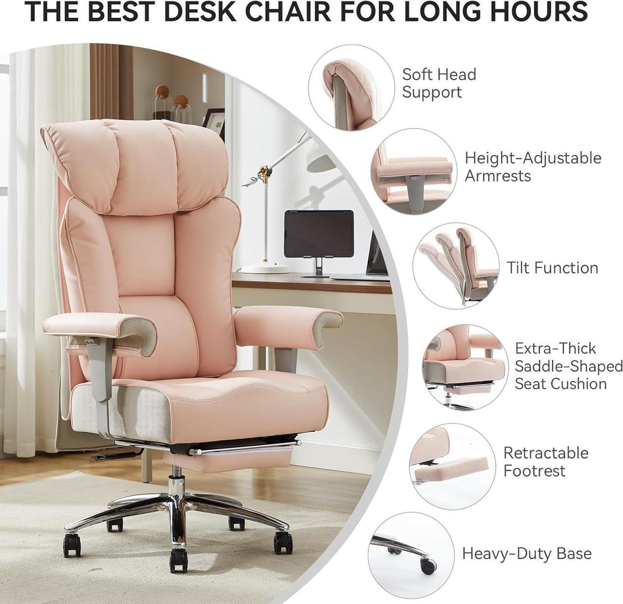 Alt view image 3 of 7 - Efomao Big and Tall Office Chair 450lbs, Ergonomic Office Chair, Executive Office Chair for Heavy People, Computer Chair with Foot Rest, High Back Office Chair, PU Leather Pink Office Chair