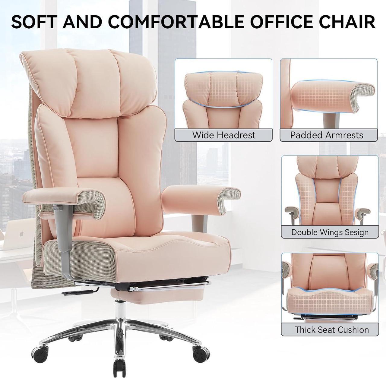 Alt view image 4 of 7 - Efomao Big and Tall Office Chair 450lbs, Ergonomic Office Chair, Executive Office Chair for Heavy People, Computer Chair with Foot Rest, High Back Office Chair, PU Leather Pink Office Chair