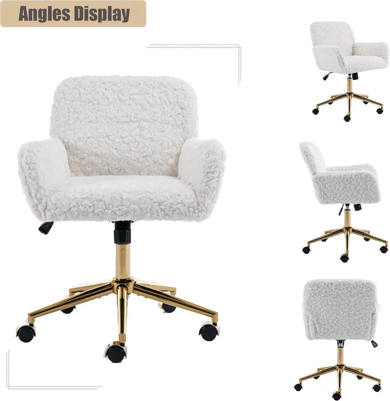 Alt view image 3 of 7 - Faux Fur Home Office Chair for Women Girl, Vanity Makeup Desk Chair with Wheels Upholstered Height Adjustable Armchair with Gold Metal Base Living Room Bedroom Office Vanity