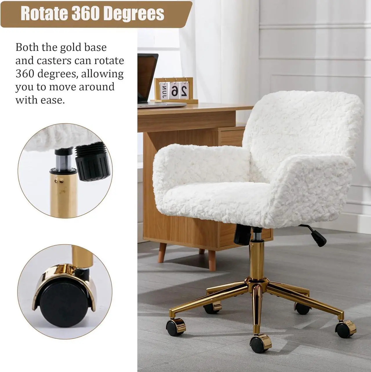 Alt view image 4 of 7 - Faux Fur Home Office Chair for Women Girl, Vanity Makeup Desk Chair with Wheels Upholstered Height Adjustable Armchair with Gold Metal Base Living Room Bedroom Office Vanity