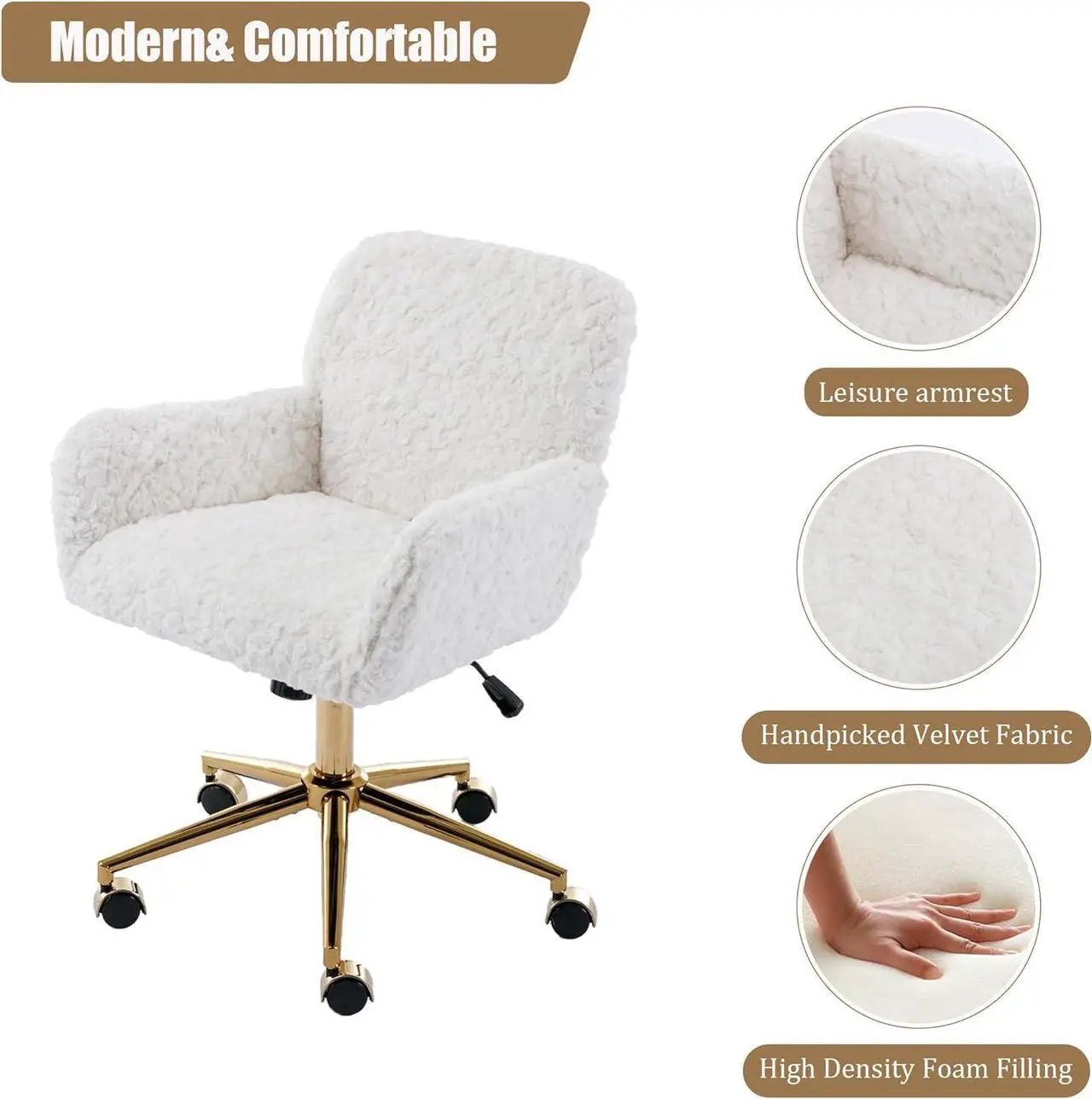 Alt view image 5 of 7 - Faux Fur Home Office Chair for Women Girl, Vanity Makeup Desk Chair with Wheels Upholstered Height Adjustable Armchair with Gold Metal Base Living Room Bedroom Office Vanity