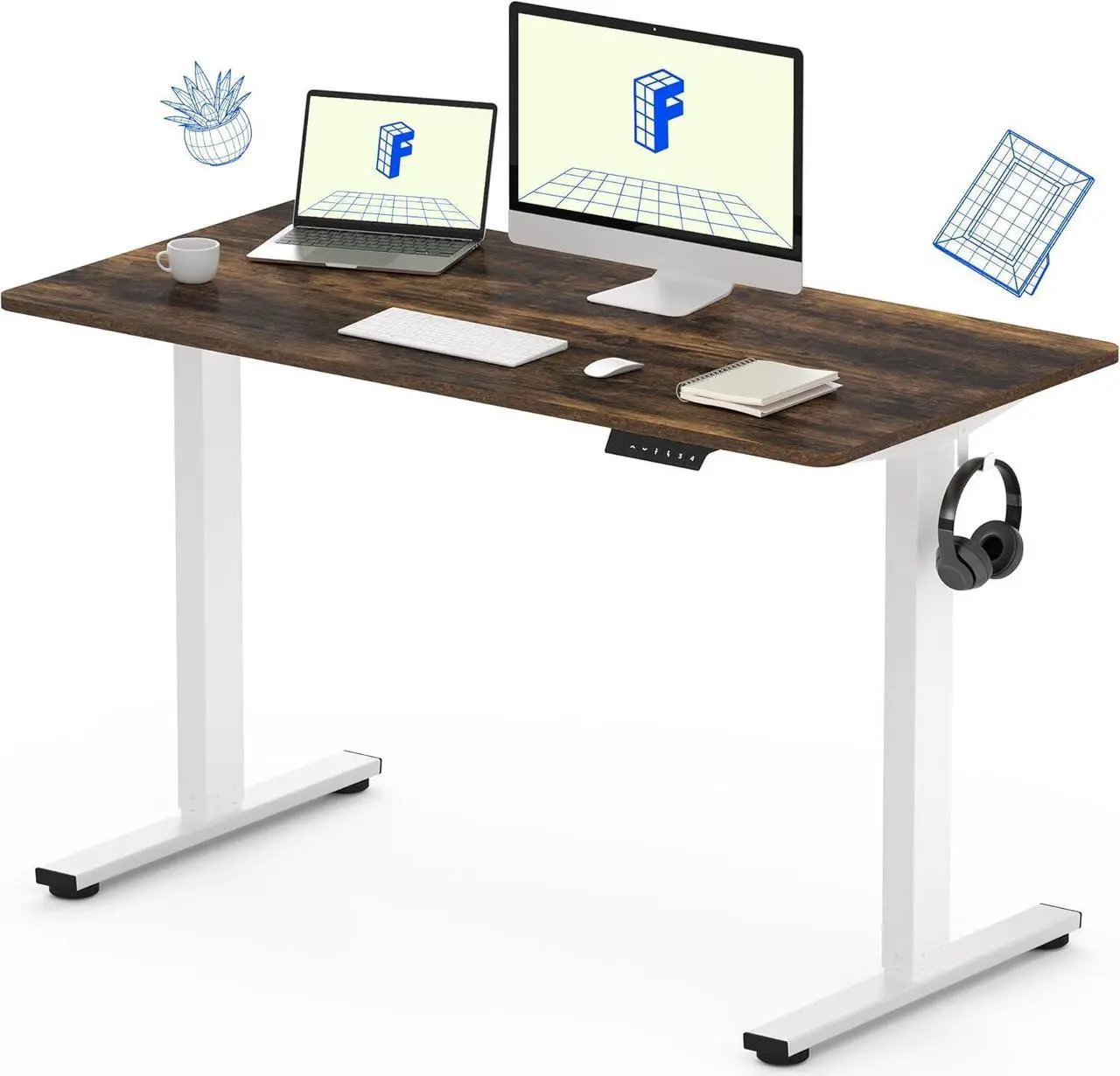 Main image of FLEXISPOT EN1 One Piece Standing Desk, 48" x 30" Electric Height Adjustable Desk Sit Stand Desk for Home Office (White Frame + 48" Rustic Top, 2 Packages)