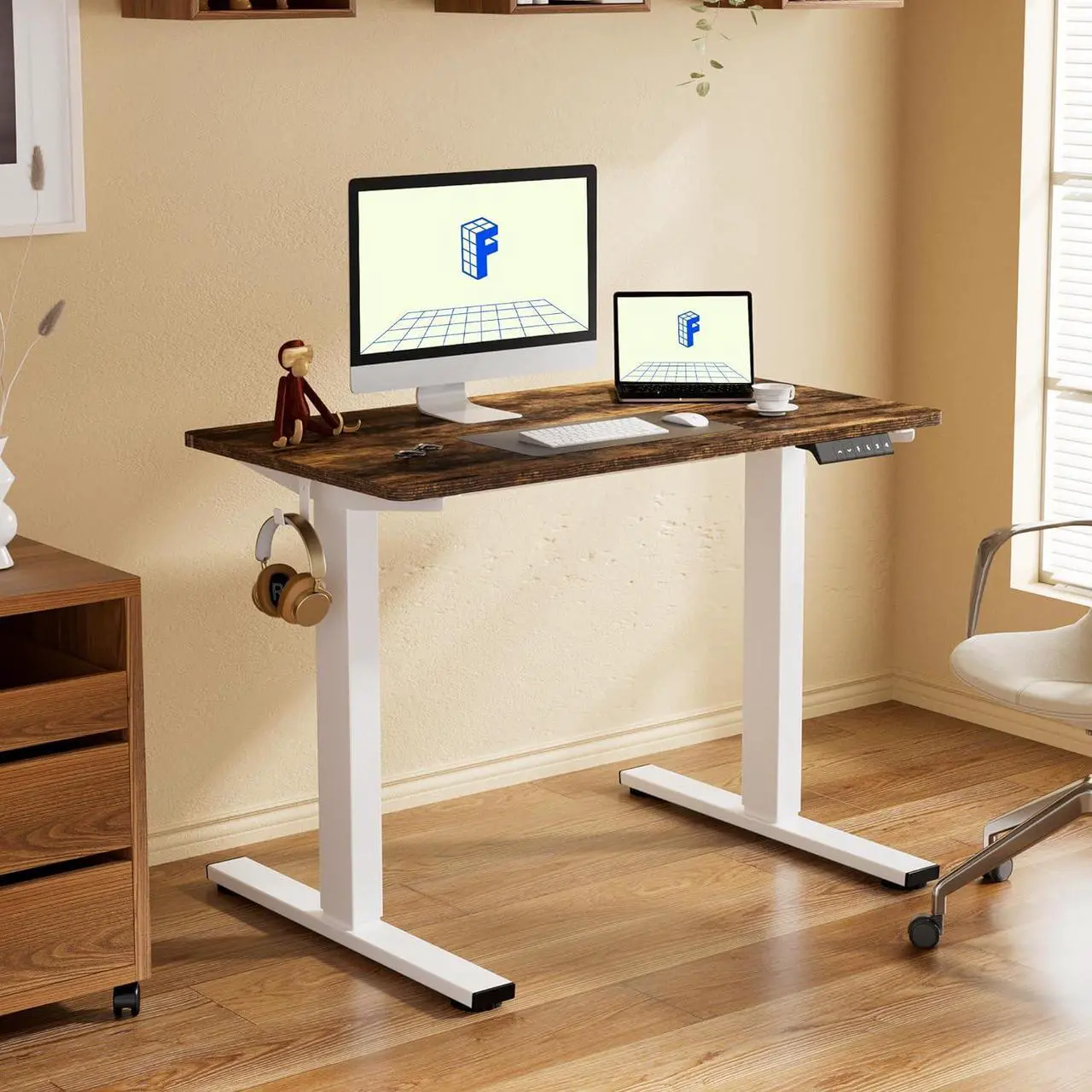 Alt view image 2 of 7 - FLEXISPOT EN1 One Piece Standing Desk, 48" x 30" Electric Height Adjustable Desk Sit Stand Desk for Home Office (White Frame + 48" Rustic Top, 2 Packages)