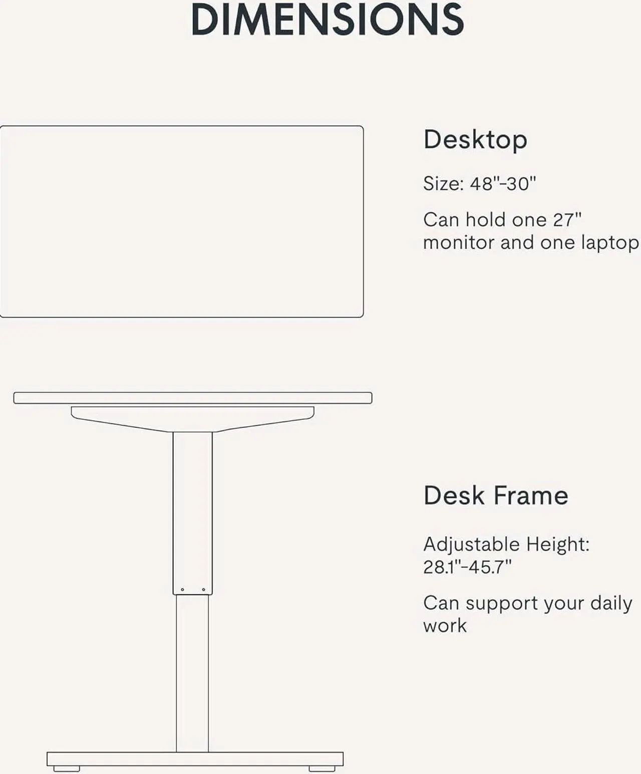 Alt view image 7 of 7 - FLEXISPOT EN1 One Piece Standing Desk, 48" x 30" Electric Height Adjustable Desk Sit Stand Desk for Home Office (White Frame + 48" Rustic Top, 2 Packages)
