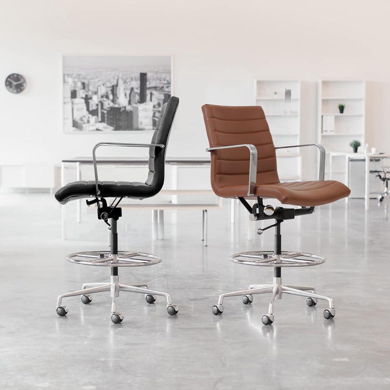Alt view image 2 of 5 - Laura Davidson Furniture SOHO II Ribbed Drafting Chair for Standing Desks, Standing Desk Chair - Ergonomically Designed, Commercial Grade Draft Height, Arm Rest & Cushion, Made of Faux Leather, White