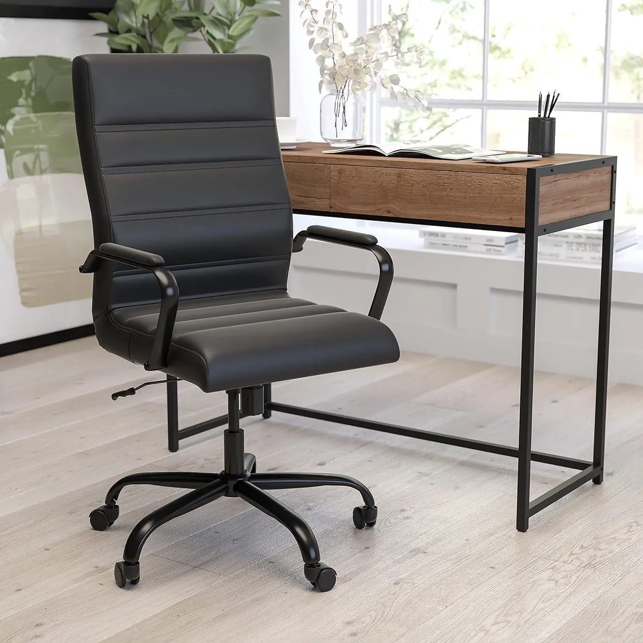 Main image of Merrick Lane Milano Contemporary High-Back Black Faux Leather Home Office Chair with Padded Black Arms