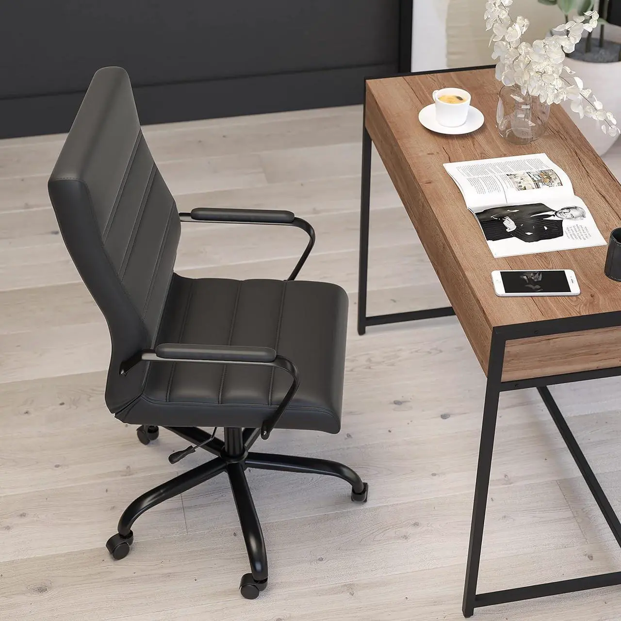 Alt view image 7 of 7 - Merrick Lane Milano Contemporary High-Back Black Faux Leather Home Office Chair with Padded Black Arms