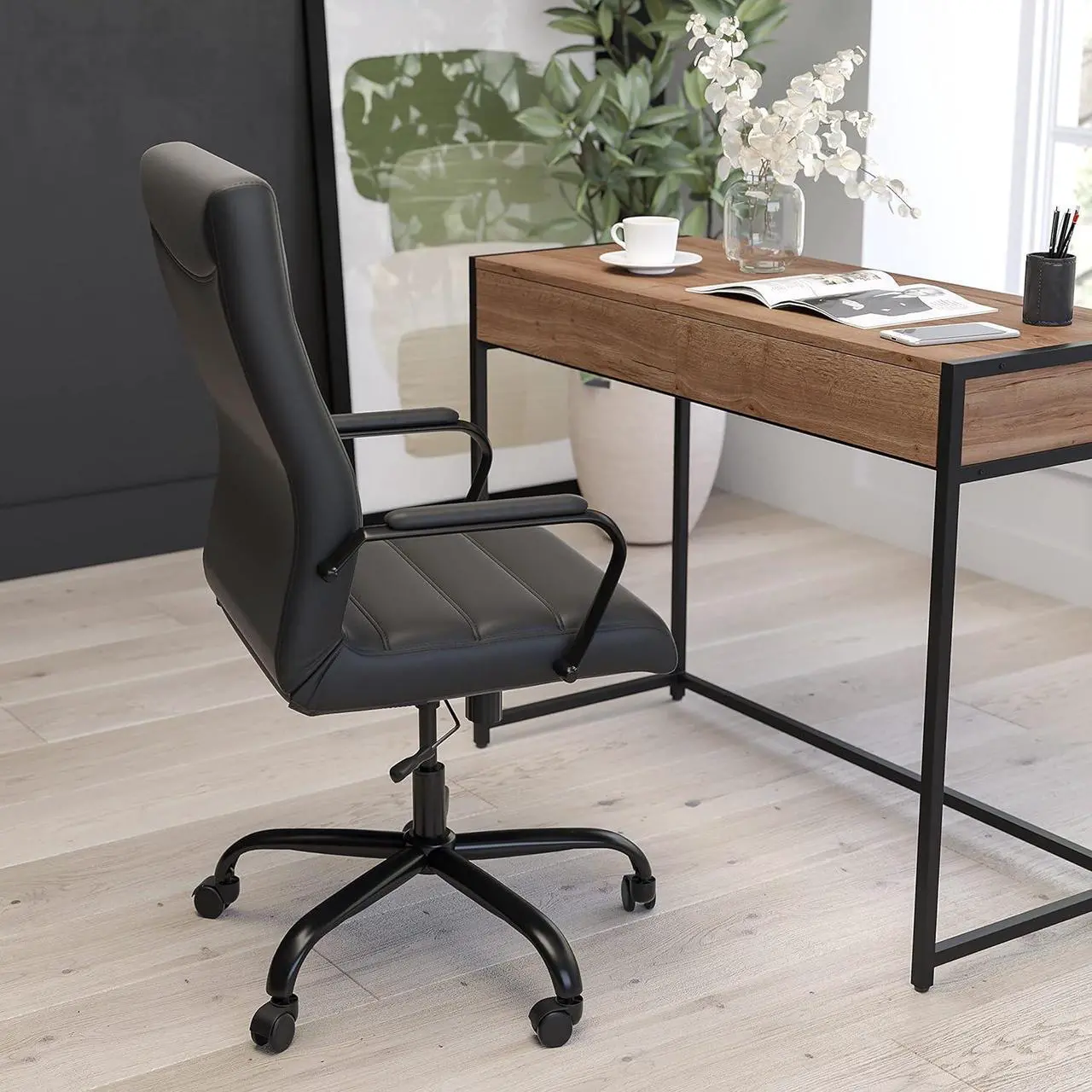 Alt view image 6 of 7 - Merrick Lane Milano Contemporary High-Back Black Faux Leather Home Office Chair with Padded Black Arms