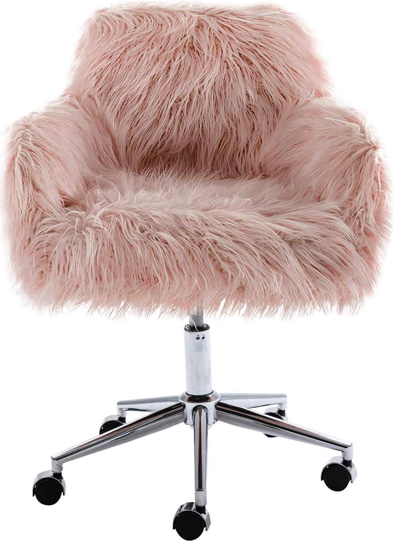 Alt view image 5 of 7 - SSLine Faux Fur Vanity Chair Elegant Pink Furry Makeup Desk Chairs for Girls Women Modern Comfy Arm Chair with Wheels in Bedroom Living Room