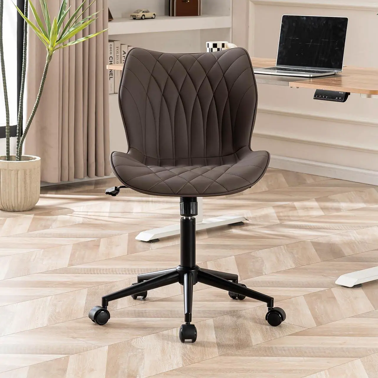 Main image of YOUNUOKE Armless Desk Chair Comfy Office Chair with Wheels Home Ergonomic Task Chair Adjustable Computer Chairs Modern Faux Leather Swivel Chair Upholstered Makeup Vanity Chair with Back(Brown)