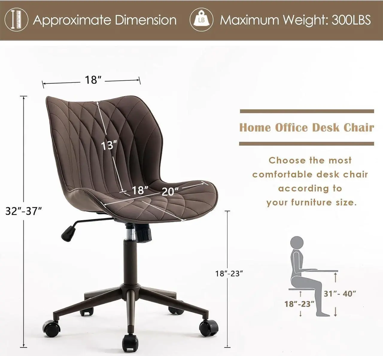Alt view image 2 of 7 - YOUNUOKE Armless Desk Chair Comfy Office Chair with Wheels Home Ergonomic Task Chair Adjustable Computer Chairs Modern Faux Leather Swivel Chair Upholstered Makeup Vanity Chair with Back(Brown)
