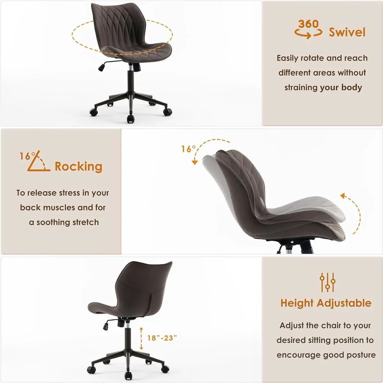 Alt view image 4 of 7 - YOUNUOKE Armless Desk Chair Comfy Office Chair with Wheels Home Ergonomic Task Chair Adjustable Computer Chairs Modern Faux Leather Swivel Chair Upholstered Makeup Vanity Chair with Back(Brown)