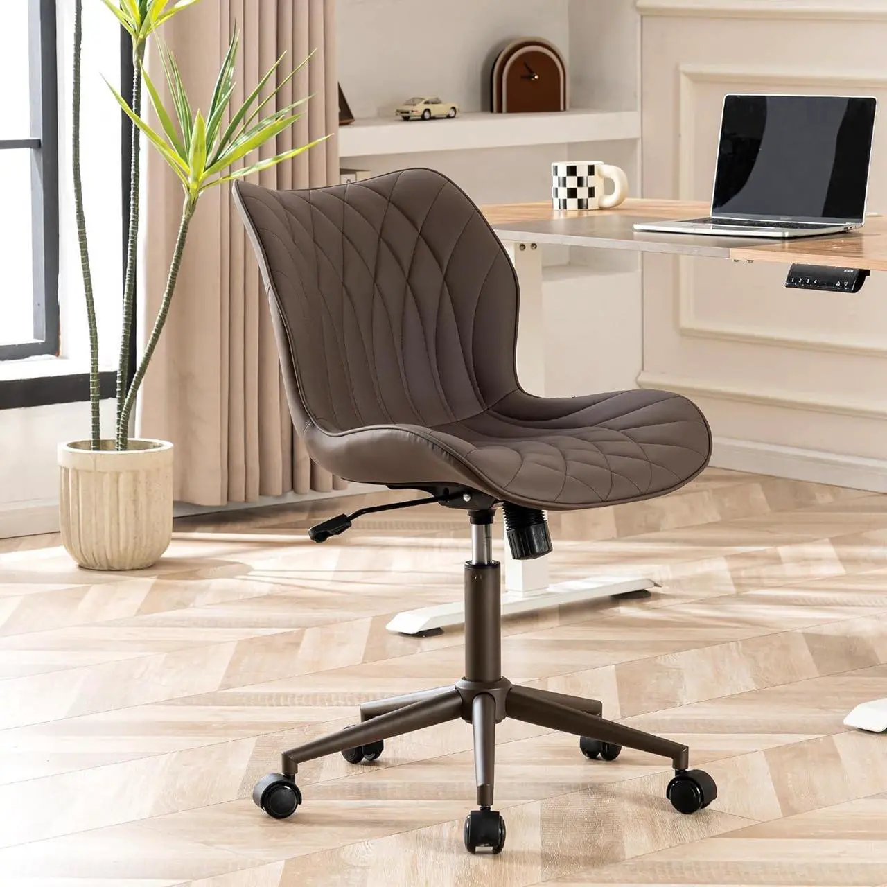 Alt view image 3 of 7 - YOUNUOKE Armless Desk Chair Comfy Office Chair with Wheels Home Ergonomic Task Chair Adjustable Computer Chairs Modern Faux Leather Swivel Chair Upholstered Makeup Vanity Chair with Back(Brown)
