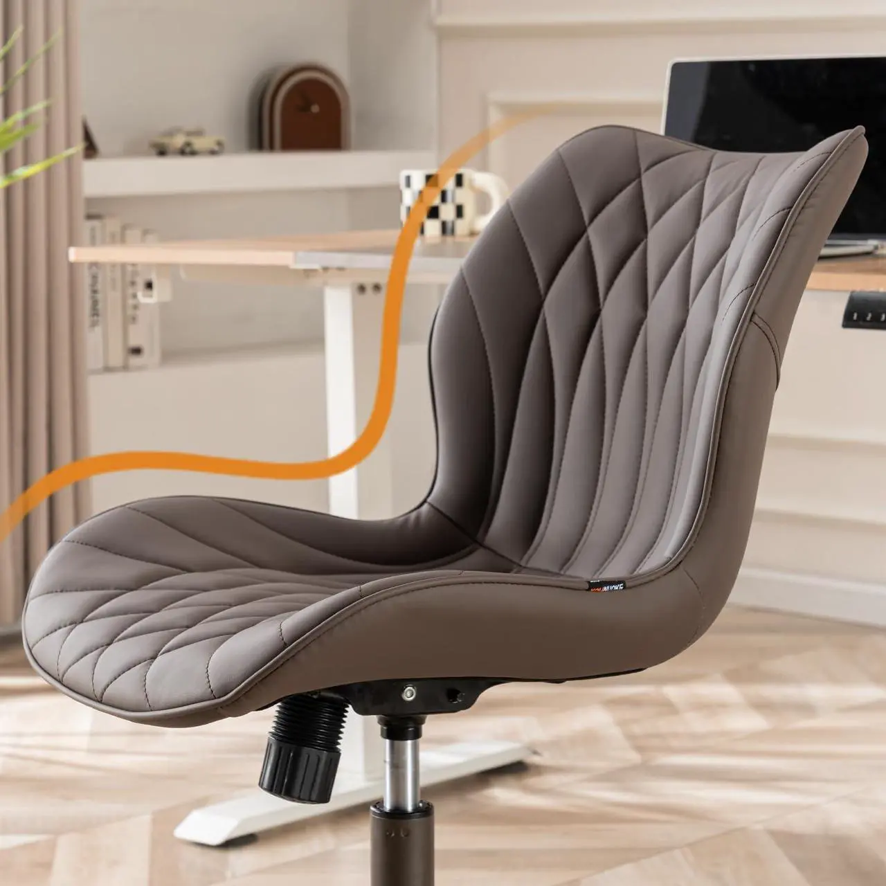 Alt view image 5 of 7 - YOUNUOKE Armless Desk Chair Comfy Office Chair with Wheels Home Ergonomic Task Chair Adjustable Computer Chairs Modern Faux Leather Swivel Chair Upholstered Makeup Vanity Chair with Back(Brown)