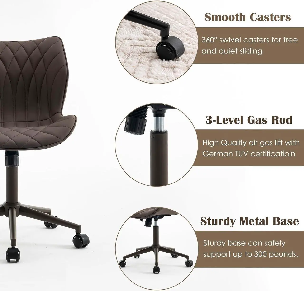 Alt view image 6 of 7 - YOUNUOKE Armless Desk Chair Comfy Office Chair with Wheels Home Ergonomic Task Chair Adjustable Computer Chairs Modern Faux Leather Swivel Chair Upholstered Makeup Vanity Chair with Back(Brown)