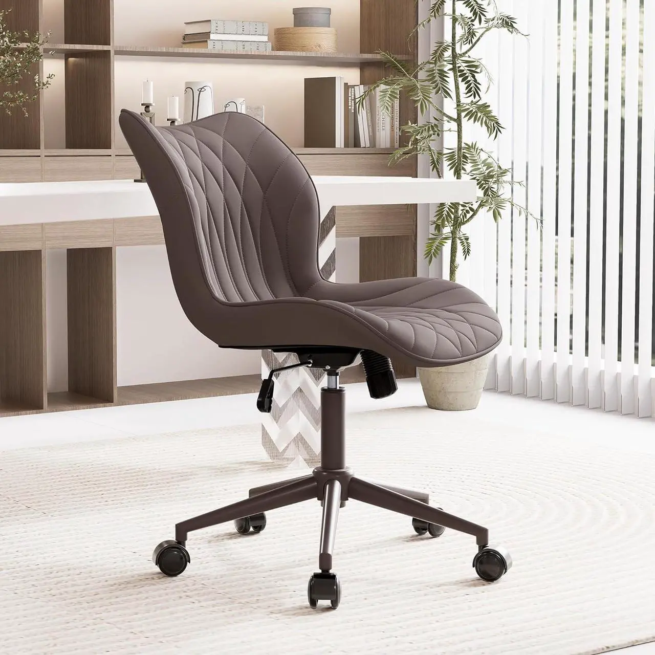 Alt view image 7 of 7 - YOUNUOKE Armless Desk Chair Comfy Office Chair with Wheels Home Ergonomic Task Chair Adjustable Computer Chairs Modern Faux Leather Swivel Chair Upholstered Makeup Vanity Chair with Back(Brown)