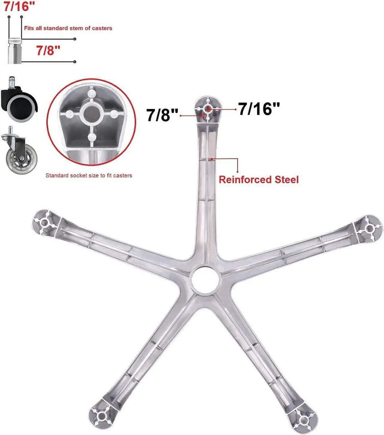 Alt view image 5 of 7 - Kaleurrier Chair Stool Base,Office Chair Replacement Parts,Reinforced Sturdy Aluminum 5 Legs Base,Heavy Duty Holds up 400 lbs,in Universal Standard Size - 25.2 inches