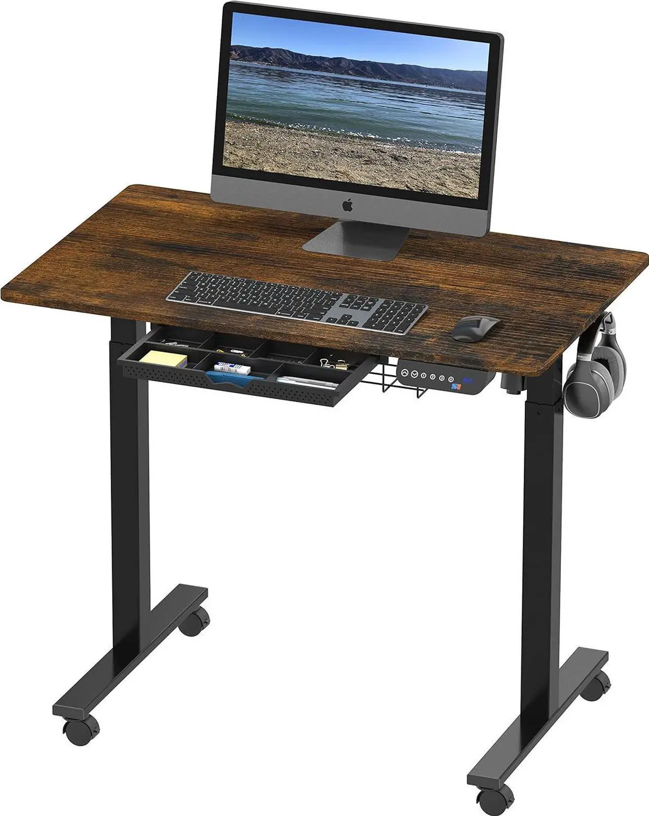 Main image of SHW Small Electric Height Adjustable Mobile Sit Stand Desk with Drawer, Hanging Hooks and Cable Management, 40 x 24 Inches, Rustic Brown