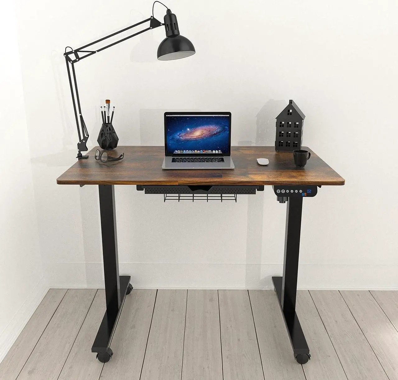 Alt view image 2 of 6 - SHW Small Electric Height Adjustable Mobile Sit Stand Desk with Drawer, Hanging Hooks and Cable Management, 40 x 24 Inches, Rustic Brown