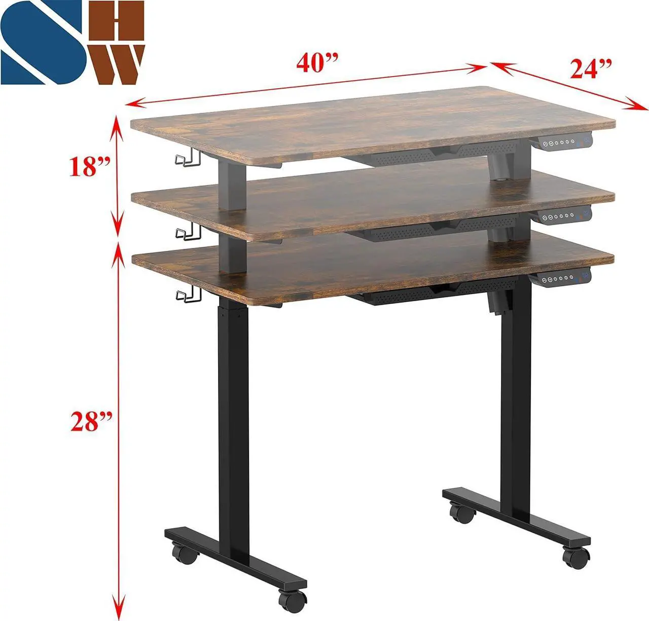 Alt view image 3 of 6 - SHW Small Electric Height Adjustable Mobile Sit Stand Desk with Drawer, Hanging Hooks and Cable Management, 40 x 24 Inches, Rustic Brown