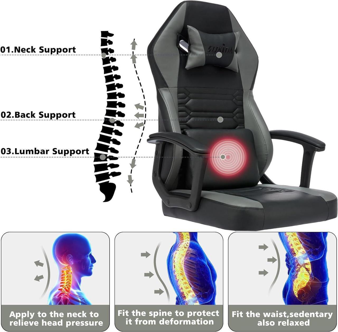 Alt view image 4 of 7 - Ergonomic Gaming Chair, High Back Pc Computer Desk Office Chair, Video Game Chairs with Lumbar Support, Height Adjustable Comfy Rocking Massage Gaming Chair for Adults Women Men