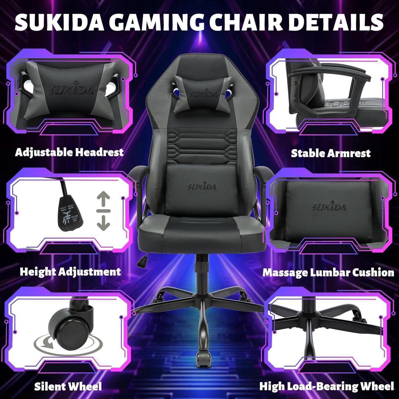 Alt view image 6 of 7 - Ergonomic Gaming Chair, High Back Pc Computer Desk Office Chair, Video Game Chairs with Lumbar Support, Height Adjustable Comfy Rocking Massage Gaming Chair for Adults Women Men
