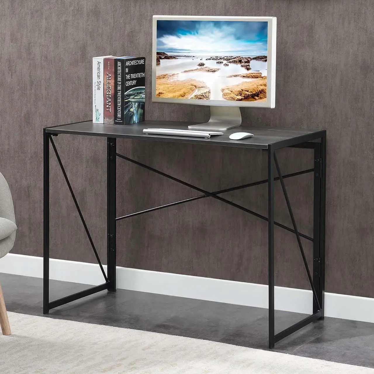 Alt view image 2 of 7 - Convenience Concepts Xtra Folding Desk 39.5" - Contemporary Office Table, Lightweight Foldable Desk Modern Makeup Vanity & Crafts Table, No Tools Assembly, Easy to Store, Charcoal Gray/Black