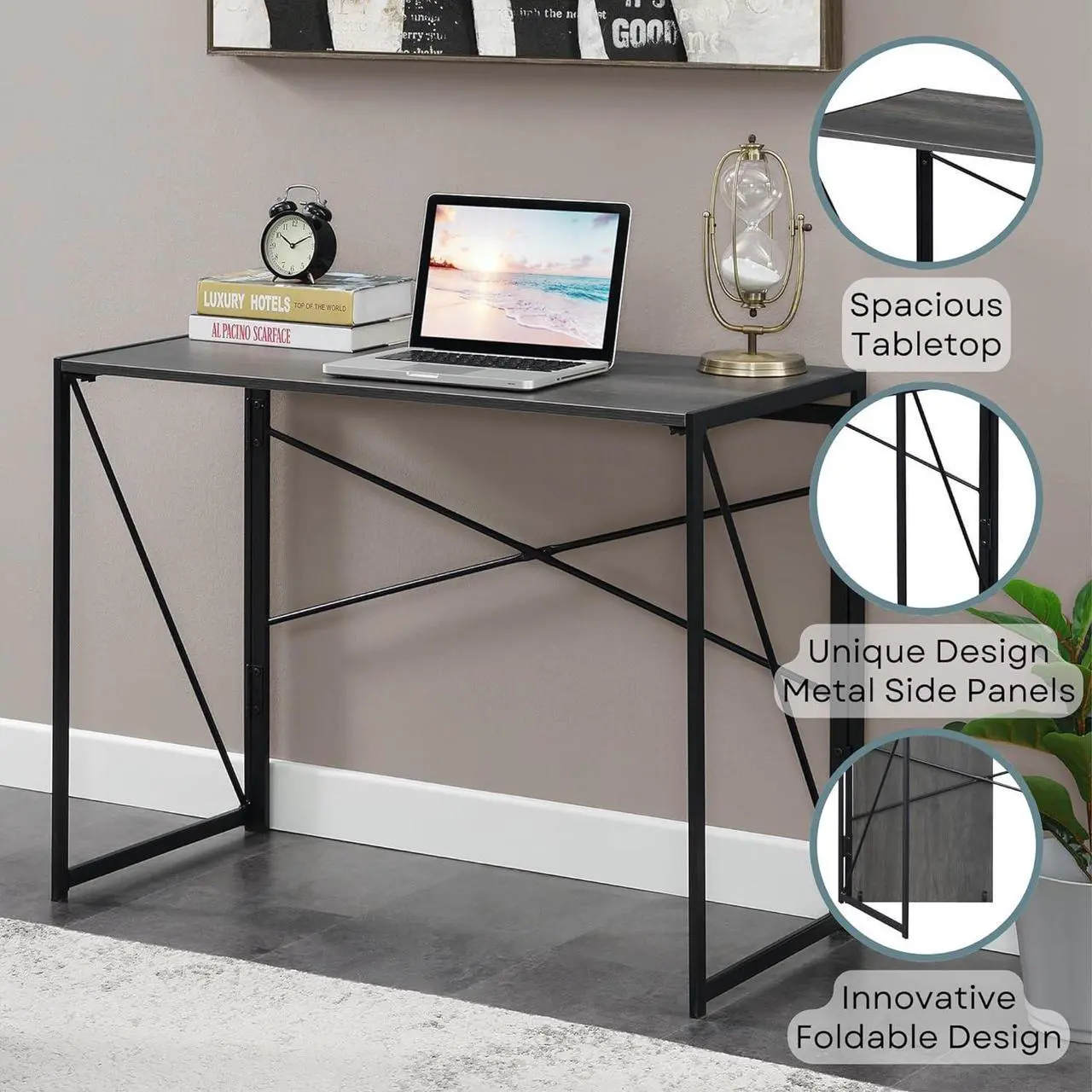 Alt view image 5 of 7 - Convenience Concepts Xtra Folding Desk 39.5" - Contemporary Office Table, Lightweight Foldable Desk Modern Makeup Vanity & Crafts Table, No Tools Assembly, Easy to Store, Charcoal Gray/Black