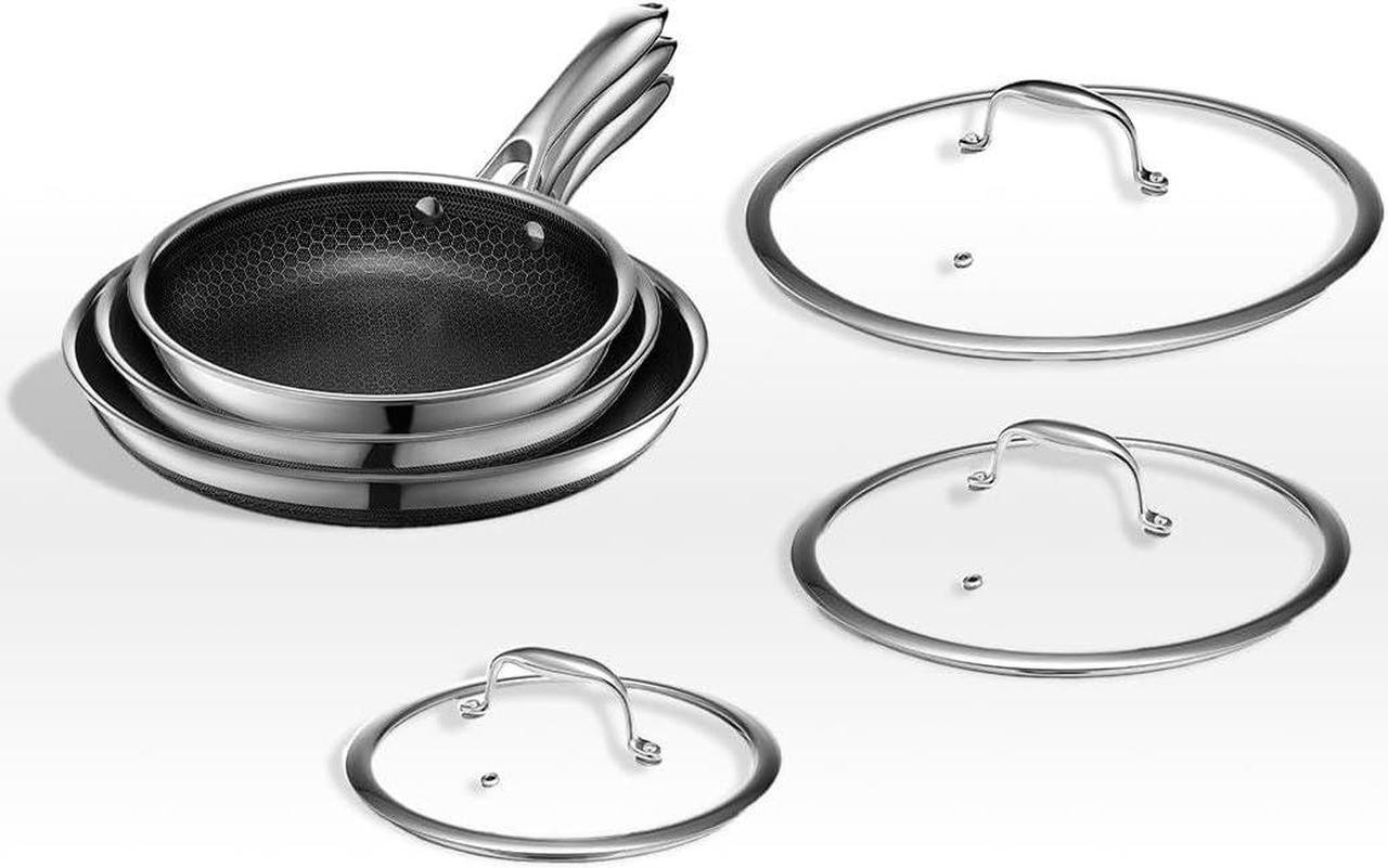 Main image of HexClad Hybrid Nonstick 6-Piece Fry Pan Set, 8, 10 and 12-Inch Frying Pans with Tempered Glass Lids, Stay-Cool Handles, Dishwasher and Oven Safe, Induction Ready, Compatible with All Cooktops
