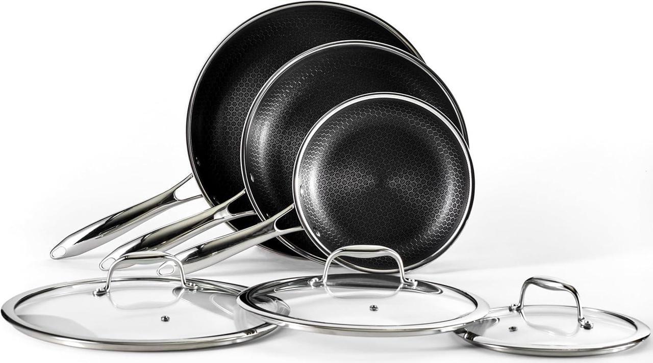 Alt view image 2 of 6 - HexClad Hybrid Nonstick 6-Piece Fry Pan Set, 8, 10 and 12-Inch Frying Pans with Tempered Glass Lids, Stay-Cool Handles, Dishwasher and Oven Safe, Induction Ready, Compatible with All Cooktops
