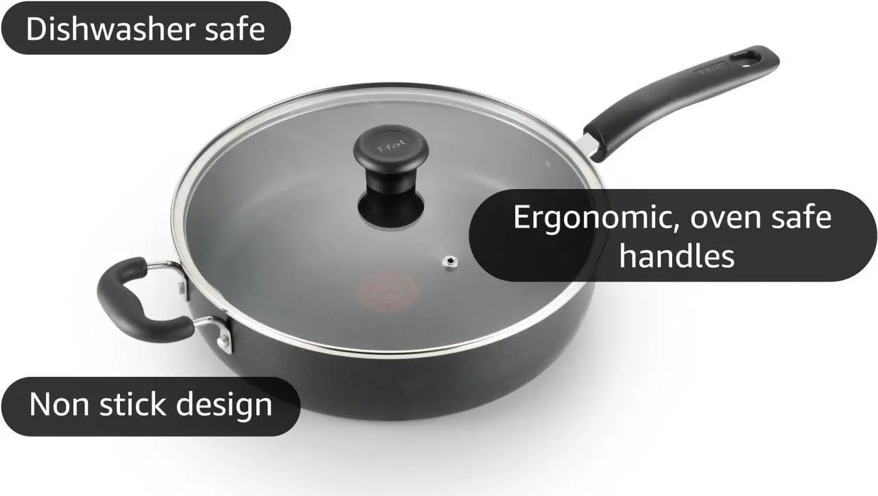 Alt view image 4 of 7 - T-fal Specialty Nonstick Saute Pan with Glass Lid 5 Quart, Oven Broiler Safe 350F, Cookware, Deep Frying Pan with Handle, Skillet, Kitchen, Pots and Pans, Dishwasher Safe, Black