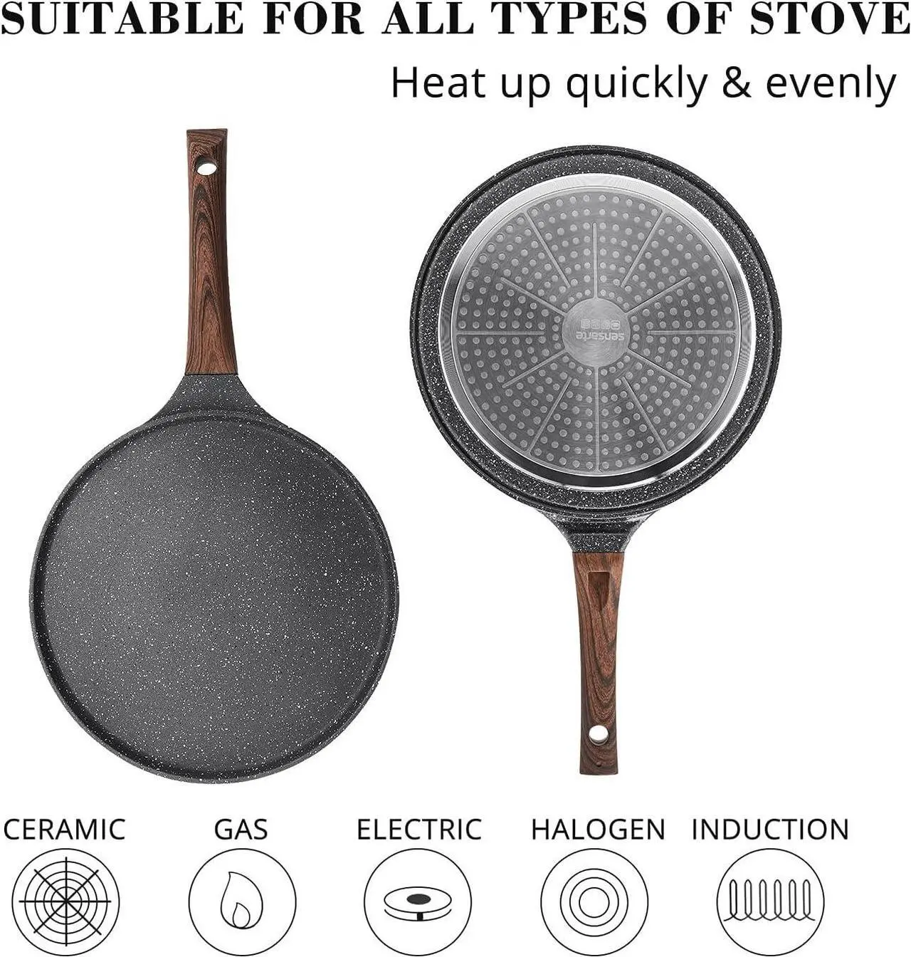 Alt view image 3 of 7 - SENSARTE Nonstick Crepe Pan, Swiss Granite Coating Dosa Pan Pancake Flat Skillet Tawa Griddle 12-Inch with Stay-Cool Handle, Induction Compatible, PFOA Free