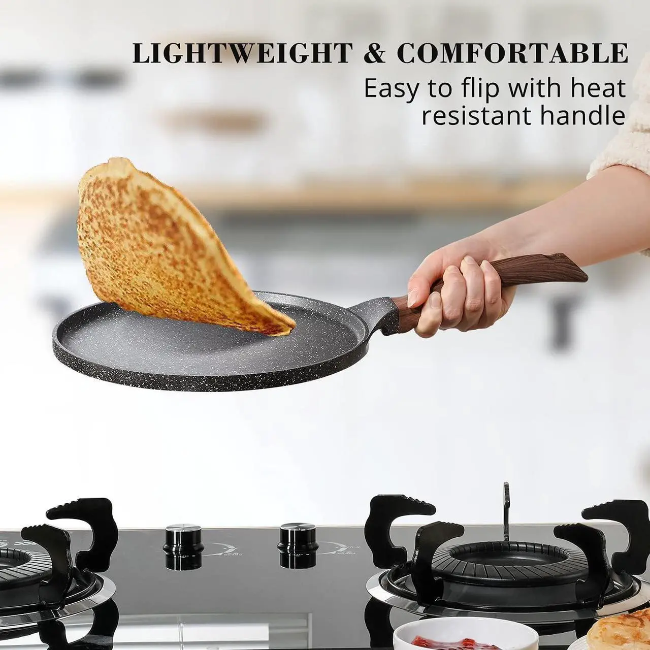 Alt view image 4 of 7 - SENSARTE Nonstick Crepe Pan, Swiss Granite Coating Dosa Pan Pancake Flat Skillet Tawa Griddle 12-Inch with Stay-Cool Handle, Induction Compatible, PFOA Free