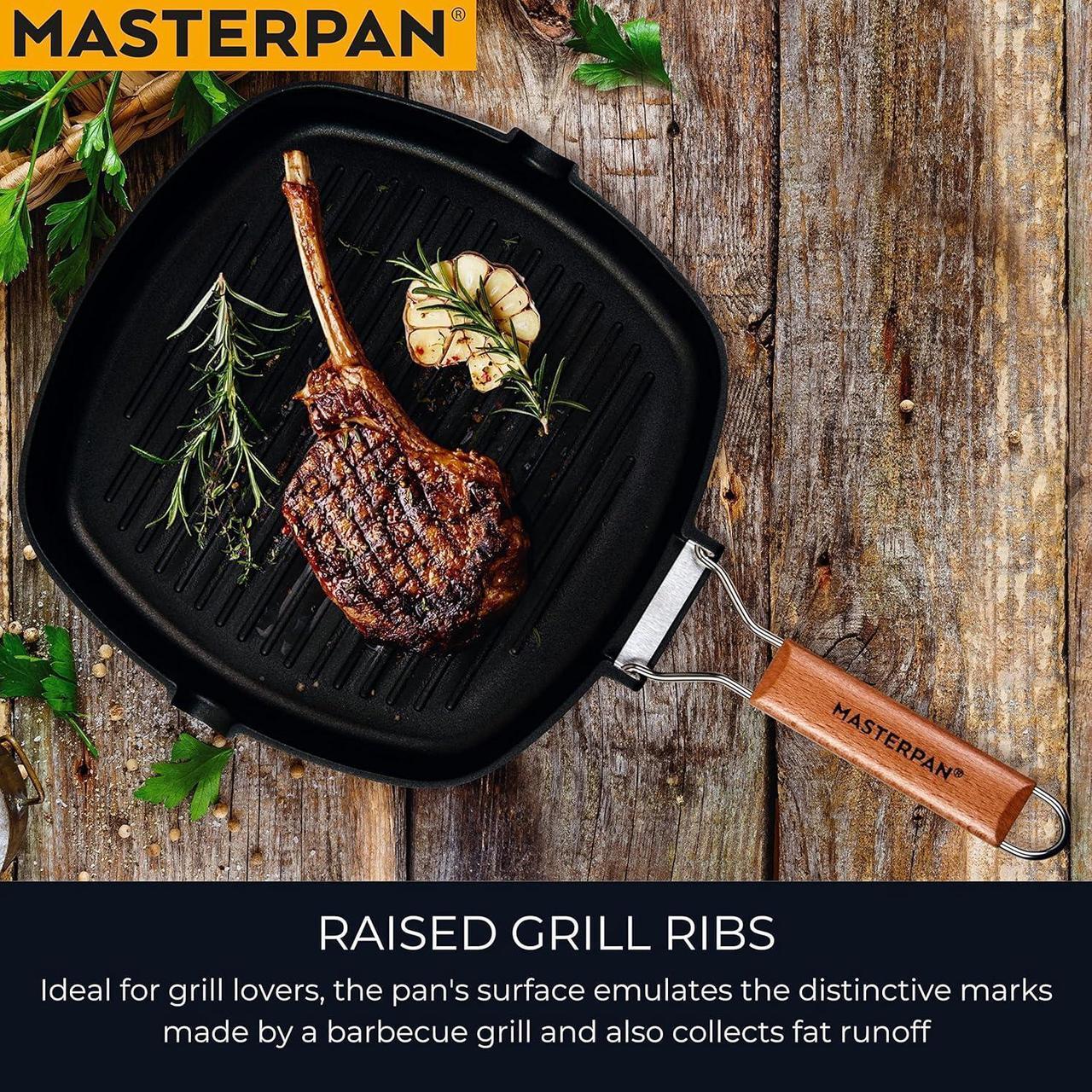 Alt view image 6 of 7 - Non-Stick Grill Pan with Folding Wooden Handle, 8", Black and Brown
