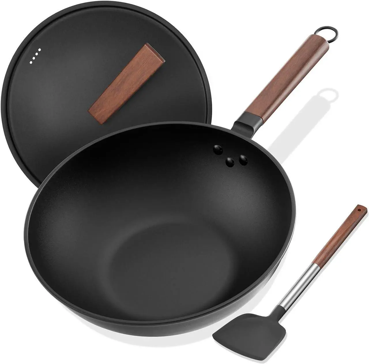 Main image of Carbon Steel Wok, 13-Inch, Pre-Seasoned, Non-Stick, with Lid and Spatula, Flat Bottom, Ideal for Stovetop Cooking