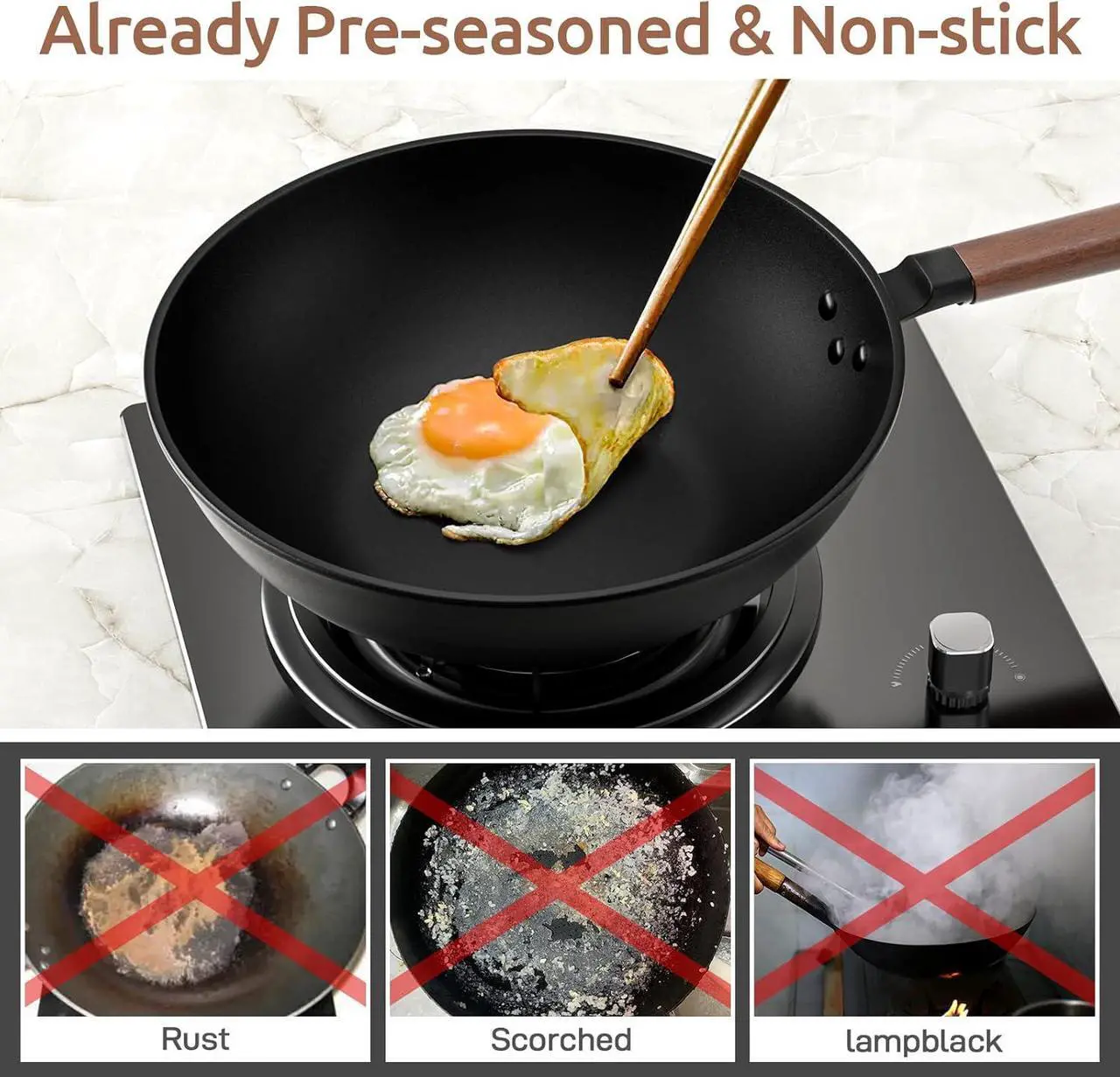 Alt view image 3 of 6 - Carbon Steel Wok, 13-Inch, Pre-Seasoned, Non-Stick, with Lid and Spatula, Flat Bottom, Ideal for Stovetop Cooking