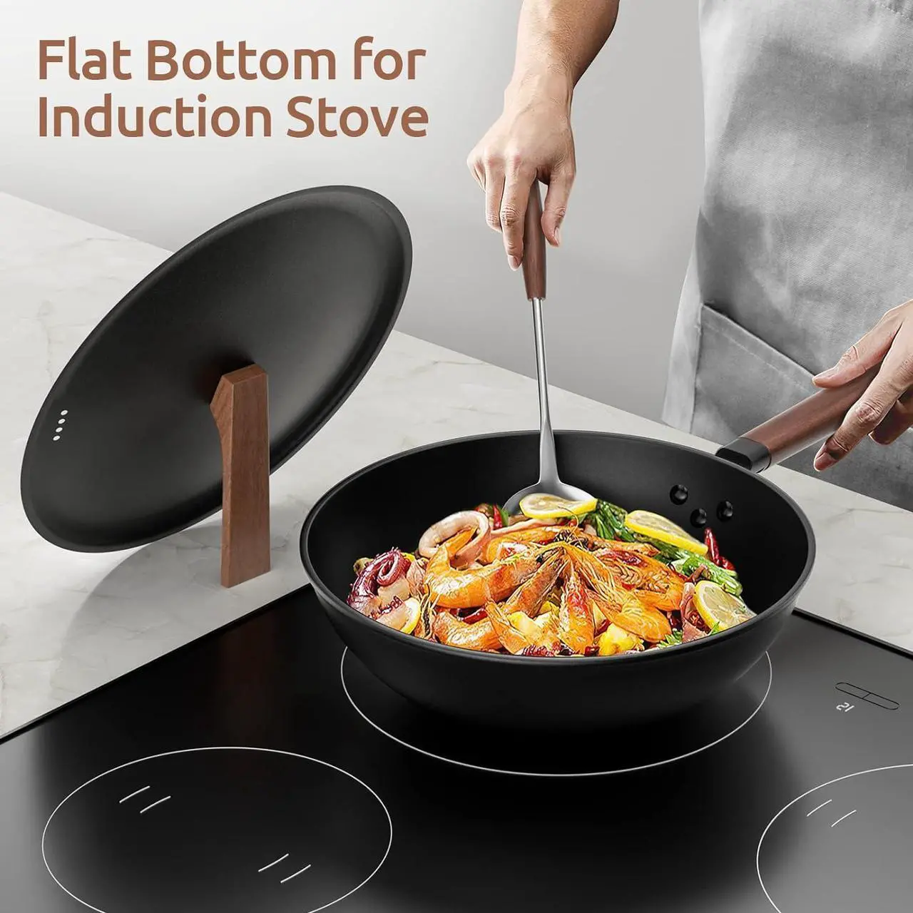 Alt view image 6 of 6 - Carbon Steel Wok, 13-Inch, Pre-Seasoned, Non-Stick, with Lid and Spatula, Flat Bottom, Ideal for Stovetop Cooking