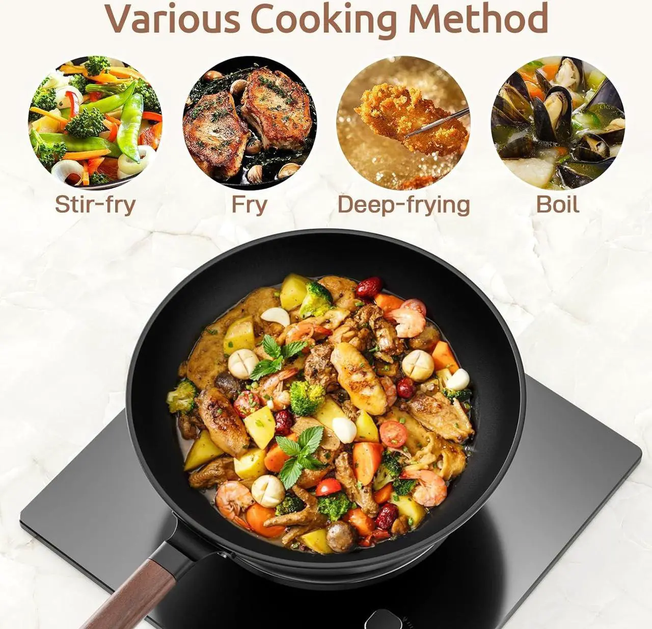 Alt view image 5 of 6 - Carbon Steel Wok, 13-Inch, Pre-Seasoned, Non-Stick, with Lid and Spatula, Flat Bottom, Ideal for Stovetop Cooking