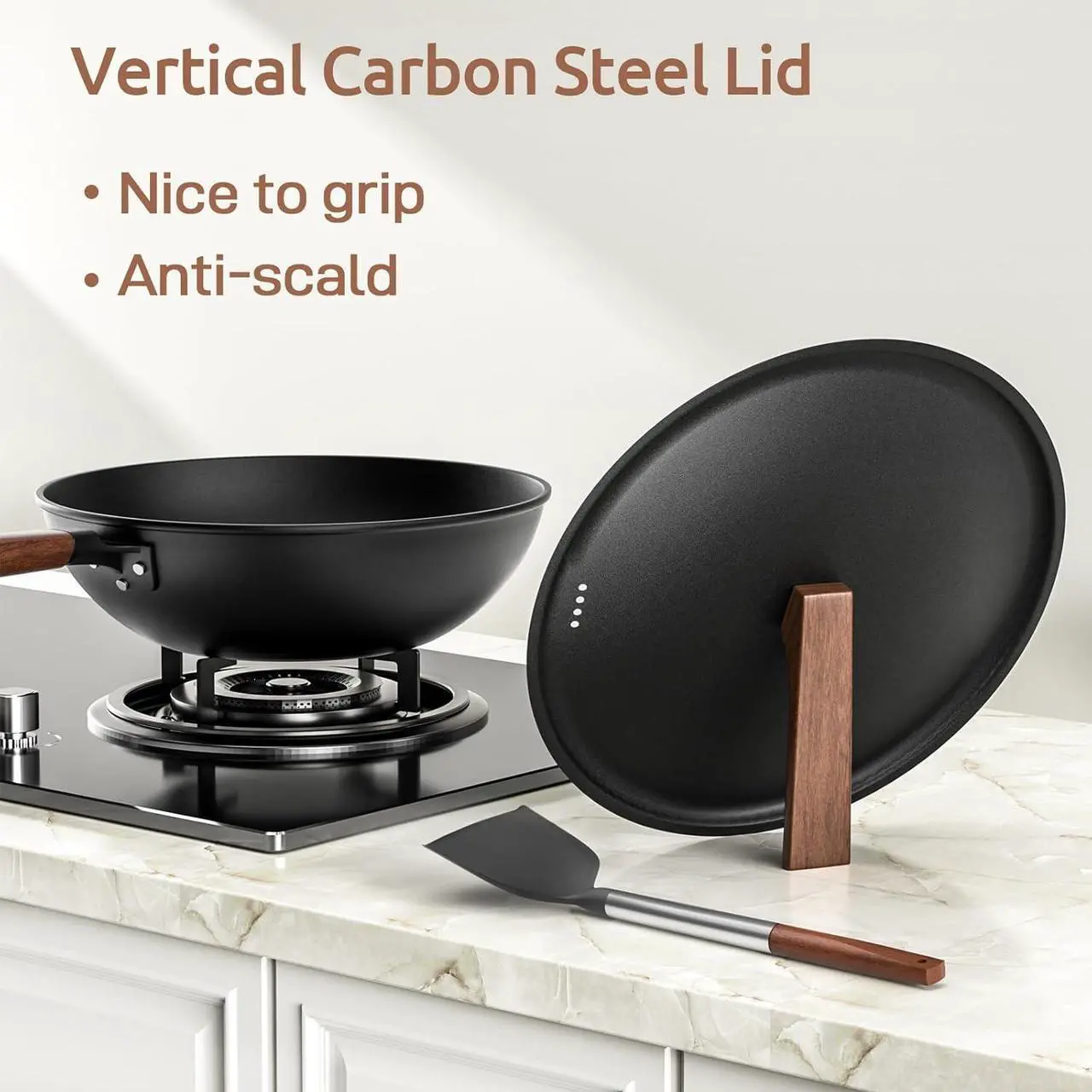 Alt view image 4 of 6 - Carbon Steel Wok, 13-Inch, Pre-Seasoned, Non-Stick, with Lid and Spatula, Flat Bottom, Ideal for Stovetop Cooking