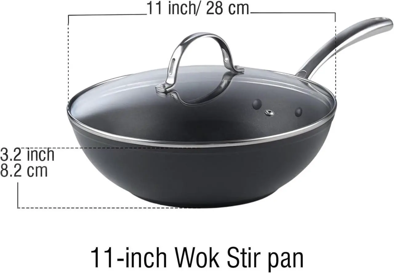 Alt view image 2 of 7 - Cooks Standard Nonstick Stir-Fry Wok Pan 11-Inch, Hard Anodized Deep Frying Pan with Glass Lid, Flat Bottom, Black